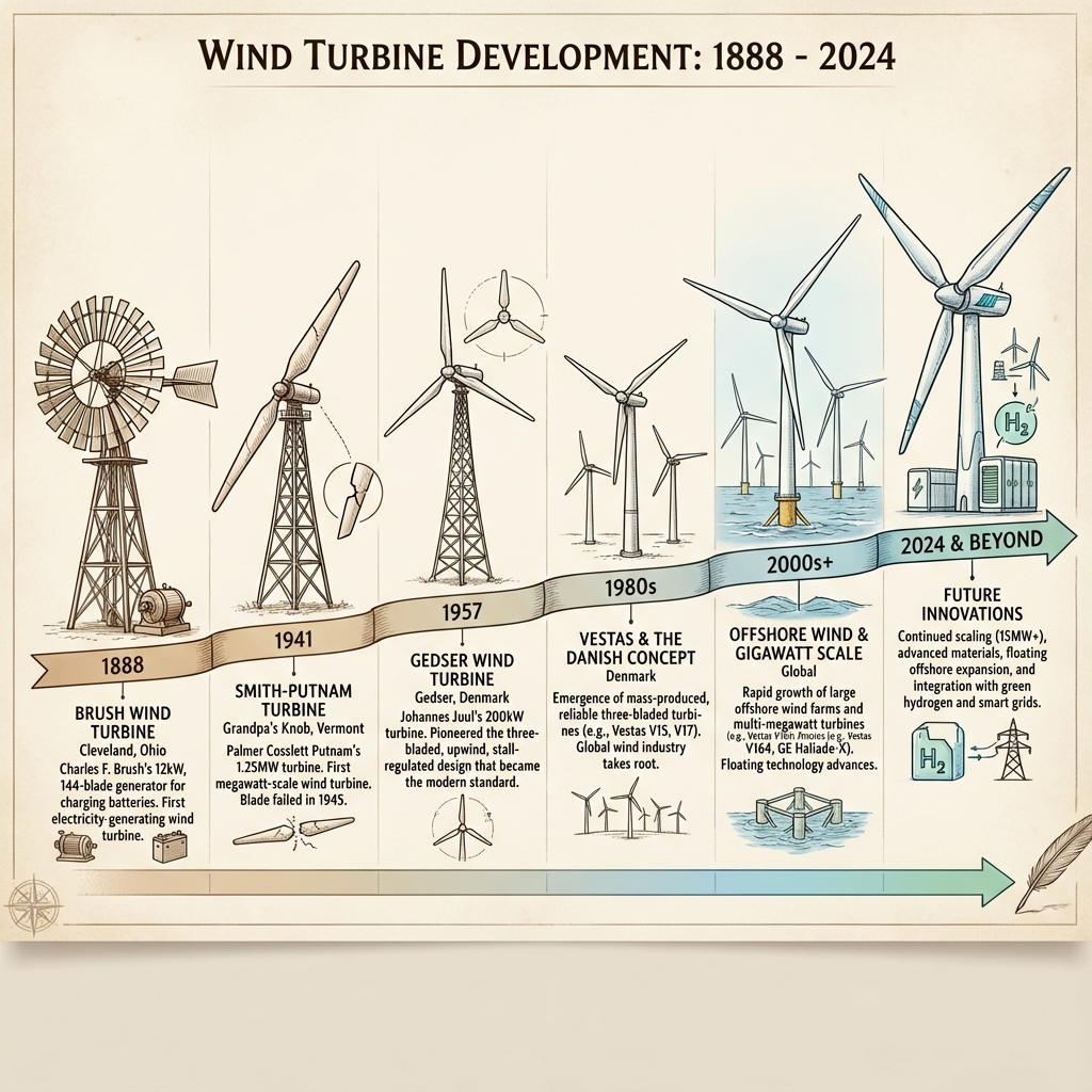 Dòng thời gian phát triển tuabin gió từ 1888 đến 2024